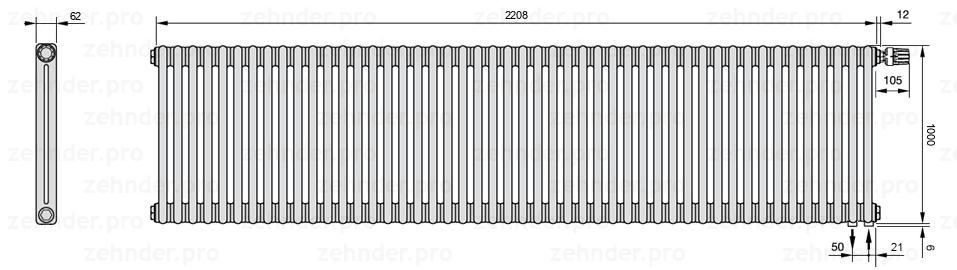 Схема (чертеж) Радиатор Zehnder Charleston 2100/48 №V002 Белый глянцевый RAL 9016
